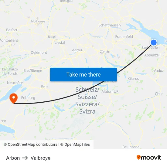 Arbon to Valbroye map