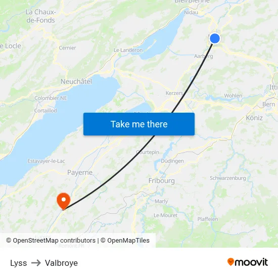 Lyss to Valbroye map