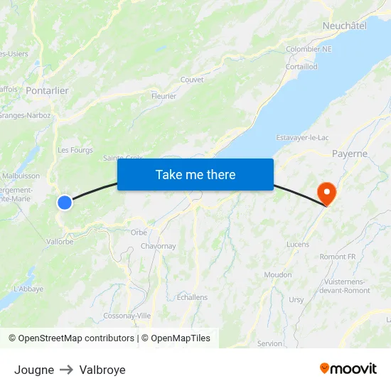 Jougne to Valbroye map