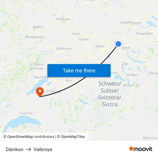 Dänikon to Valbroye map