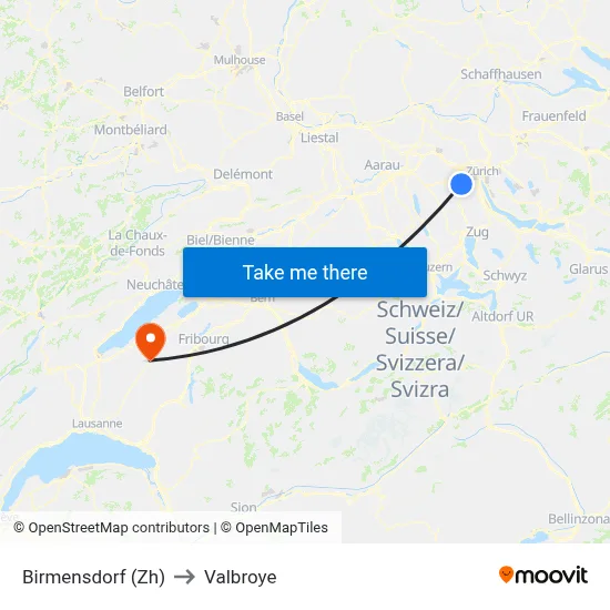 Birmensdorf (Zh) to Valbroye map