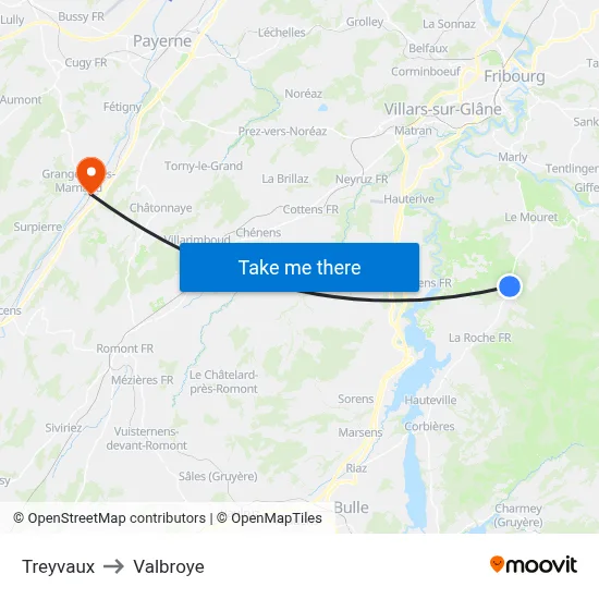 Treyvaux to Valbroye map