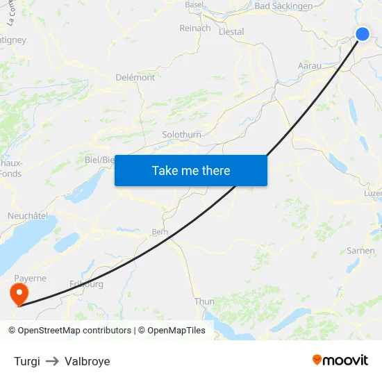 Turgi to Valbroye map