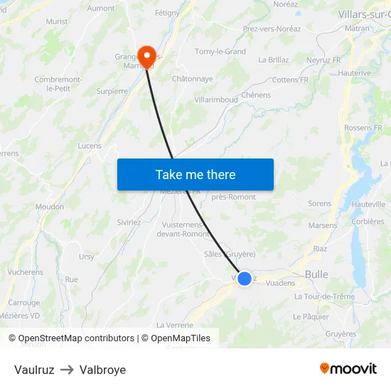 Vaulruz to Valbroye map