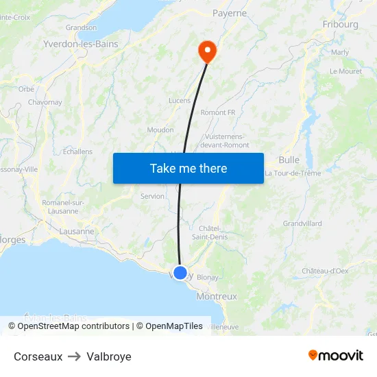Corseaux to Valbroye map