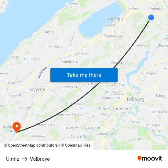 Ulmiz to Valbroye map