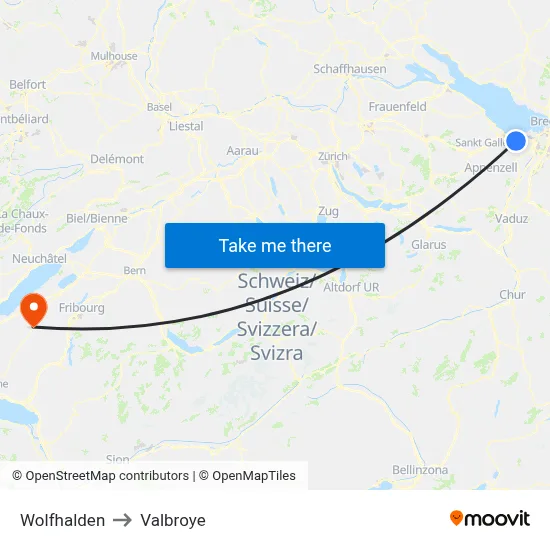 Wolfhalden to Valbroye map