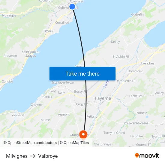 Milvignes to Valbroye map