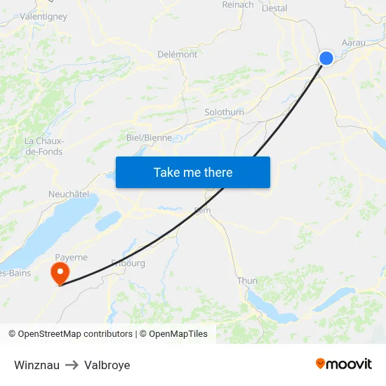 Winznau to Valbroye map