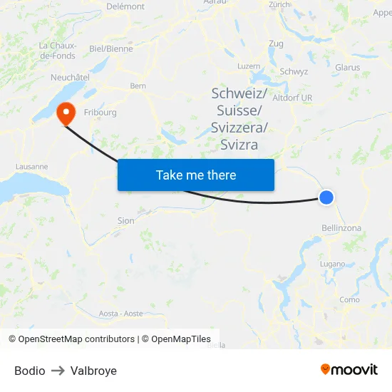 Bodio to Valbroye map