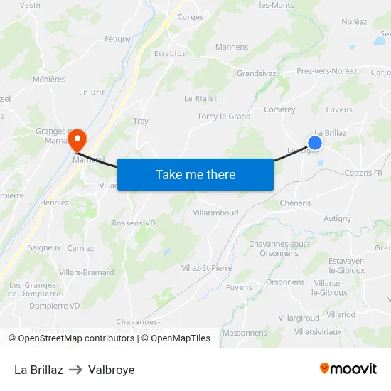 La Brillaz to Valbroye map