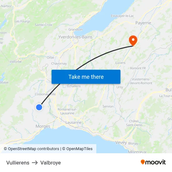 Vullierens to Valbroye map