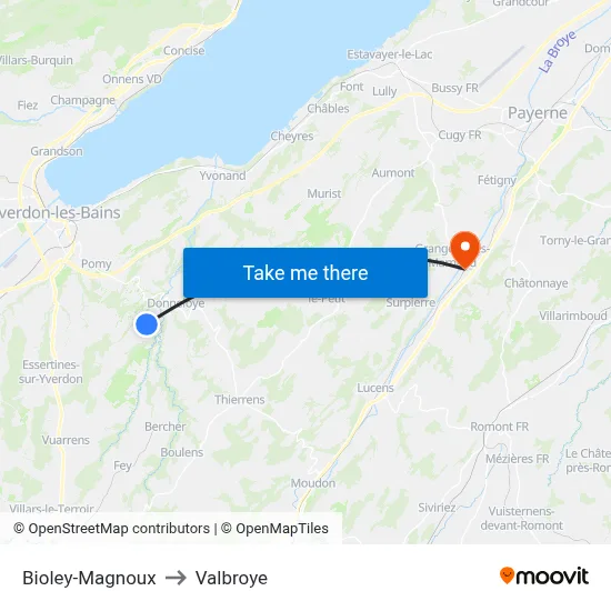 Bioley-Magnoux to Valbroye map