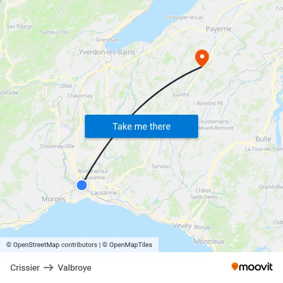Crissier to Valbroye map