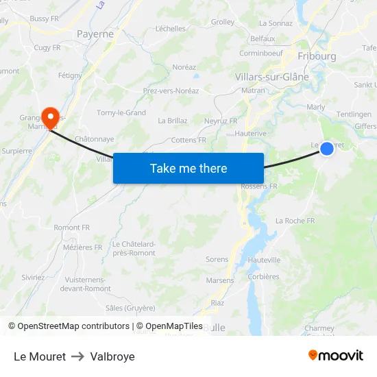Le Mouret to Valbroye map