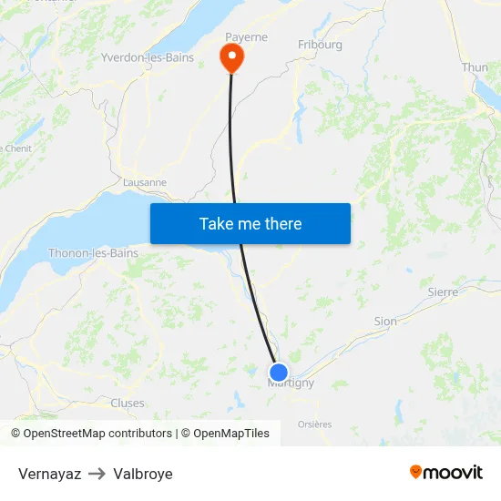 Vernayaz to Valbroye map