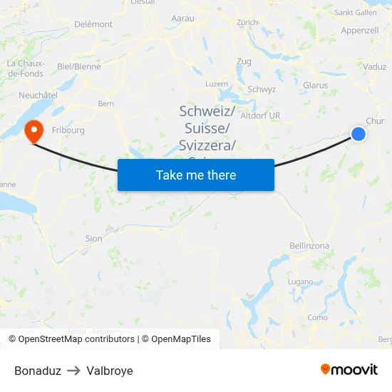 Bonaduz to Valbroye map