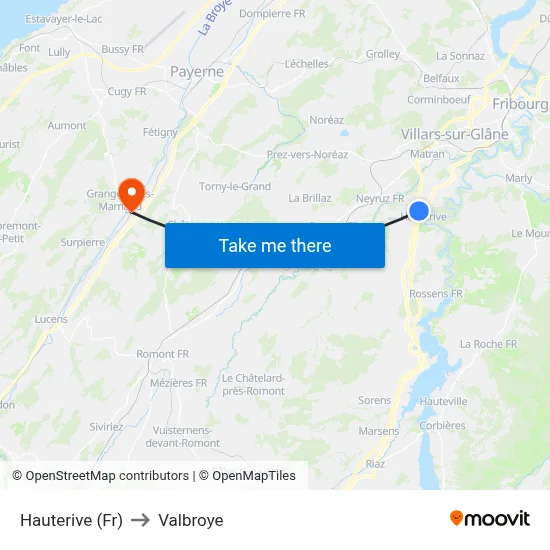 Hauterive (Fr) to Valbroye map