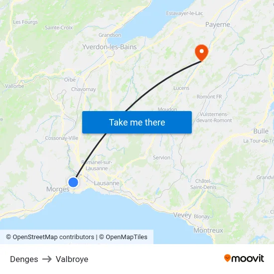 Denges to Valbroye map