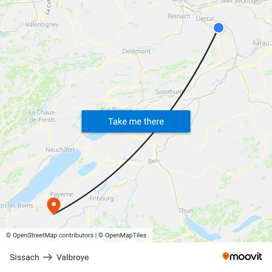 Sissach to Valbroye map