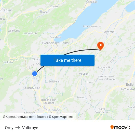 Orny to Valbroye map
