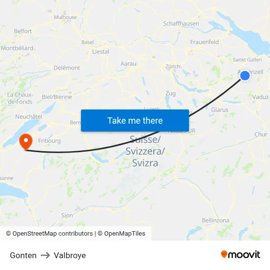 Gonten to Valbroye map