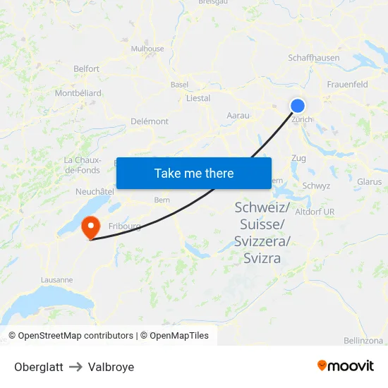 Oberglatt to Valbroye map