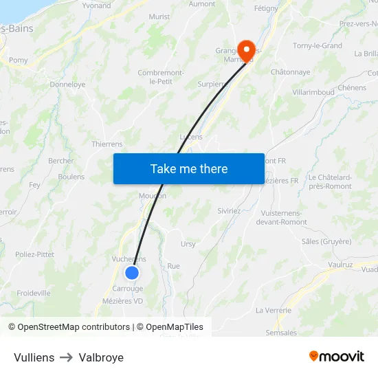 Vulliens to Valbroye map