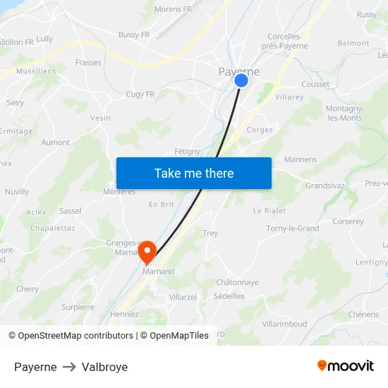Payerne to Valbroye map