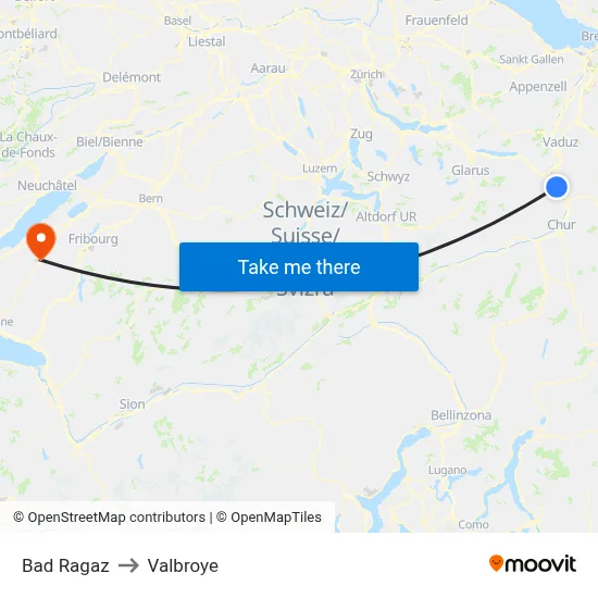 Bad Ragaz to Valbroye map
