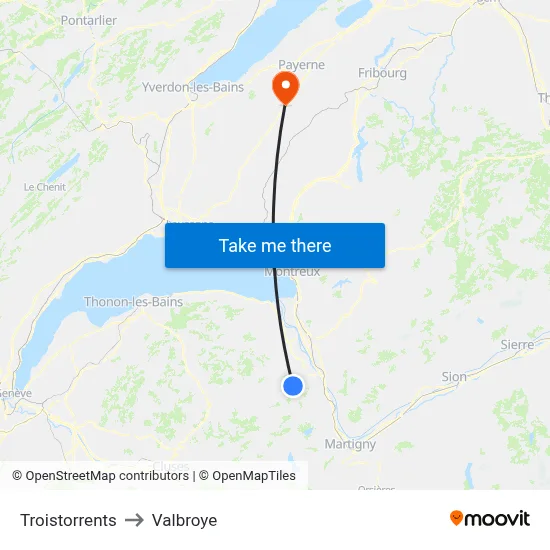 Troistorrents to Valbroye map