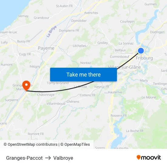 Granges-Paccot to Valbroye map