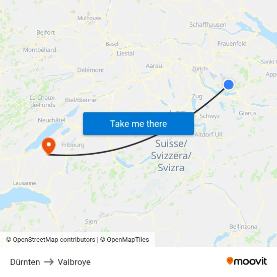Dürnten to Valbroye map