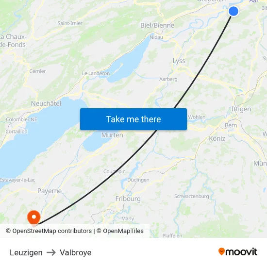 Leuzigen to Valbroye map