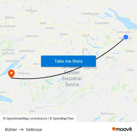 Bühler to Valbroye map