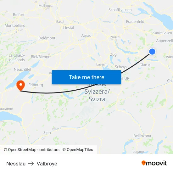Nesslau to Valbroye map