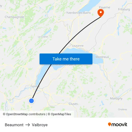 Beaumont to Valbroye map