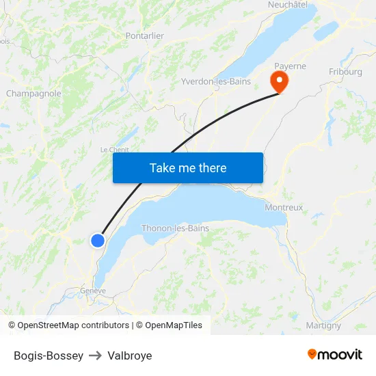 Bogis-Bossey to Valbroye map