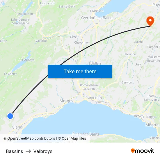 Bassins to Valbroye map