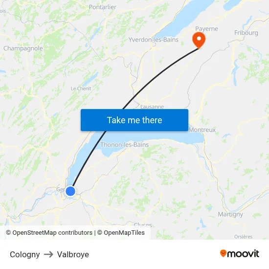 Cologny to Valbroye map