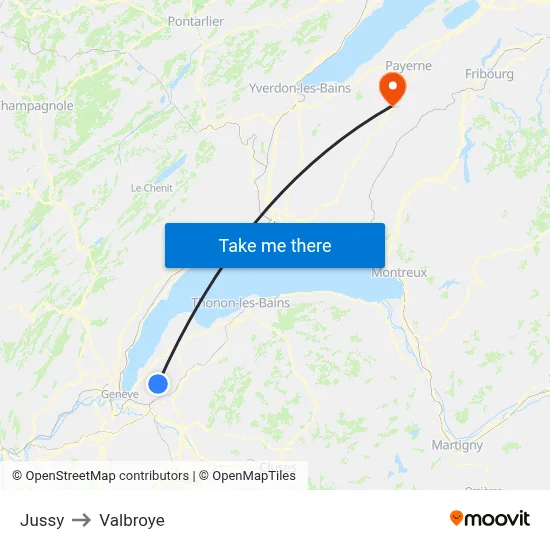 Jussy to Valbroye map