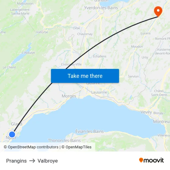 Prangins to Valbroye map