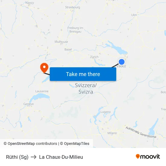 Rüthi (Sg) to La Chaux-Du-Milieu map