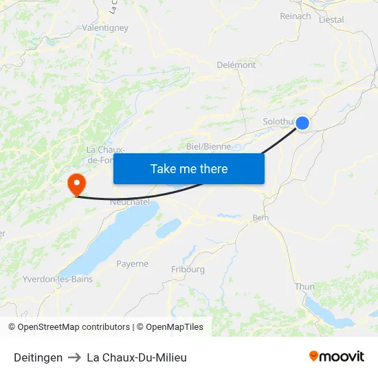 Deitingen to La Chaux-Du-Milieu map