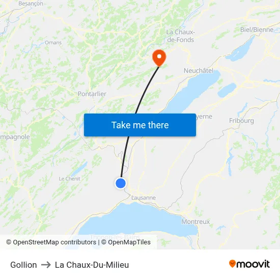 Gollion to La Chaux-Du-Milieu map