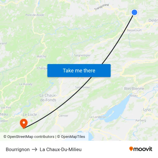Bourrignon to La Chaux-Du-Milieu map
