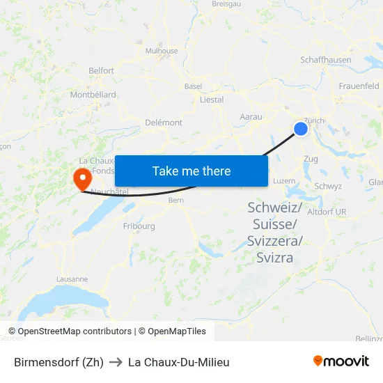 Birmensdorf (Zh) to La Chaux-Du-Milieu map