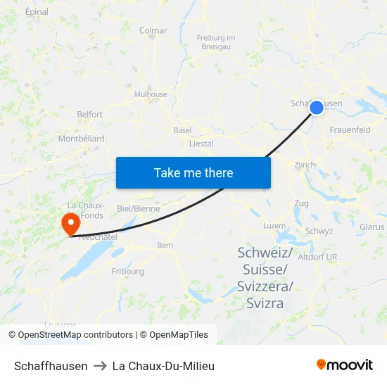 Schaffhausen to La Chaux-Du-Milieu map