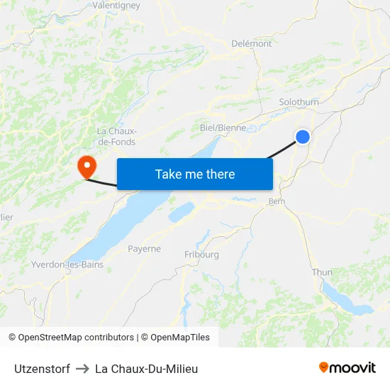 Utzenstorf to La Chaux-Du-Milieu map