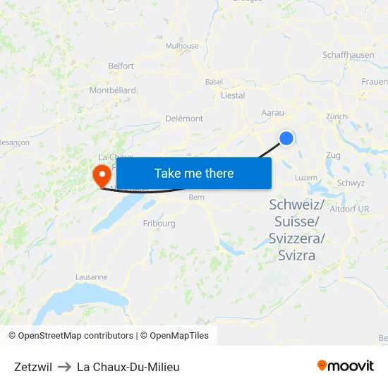 Zetzwil to La Chaux-Du-Milieu map